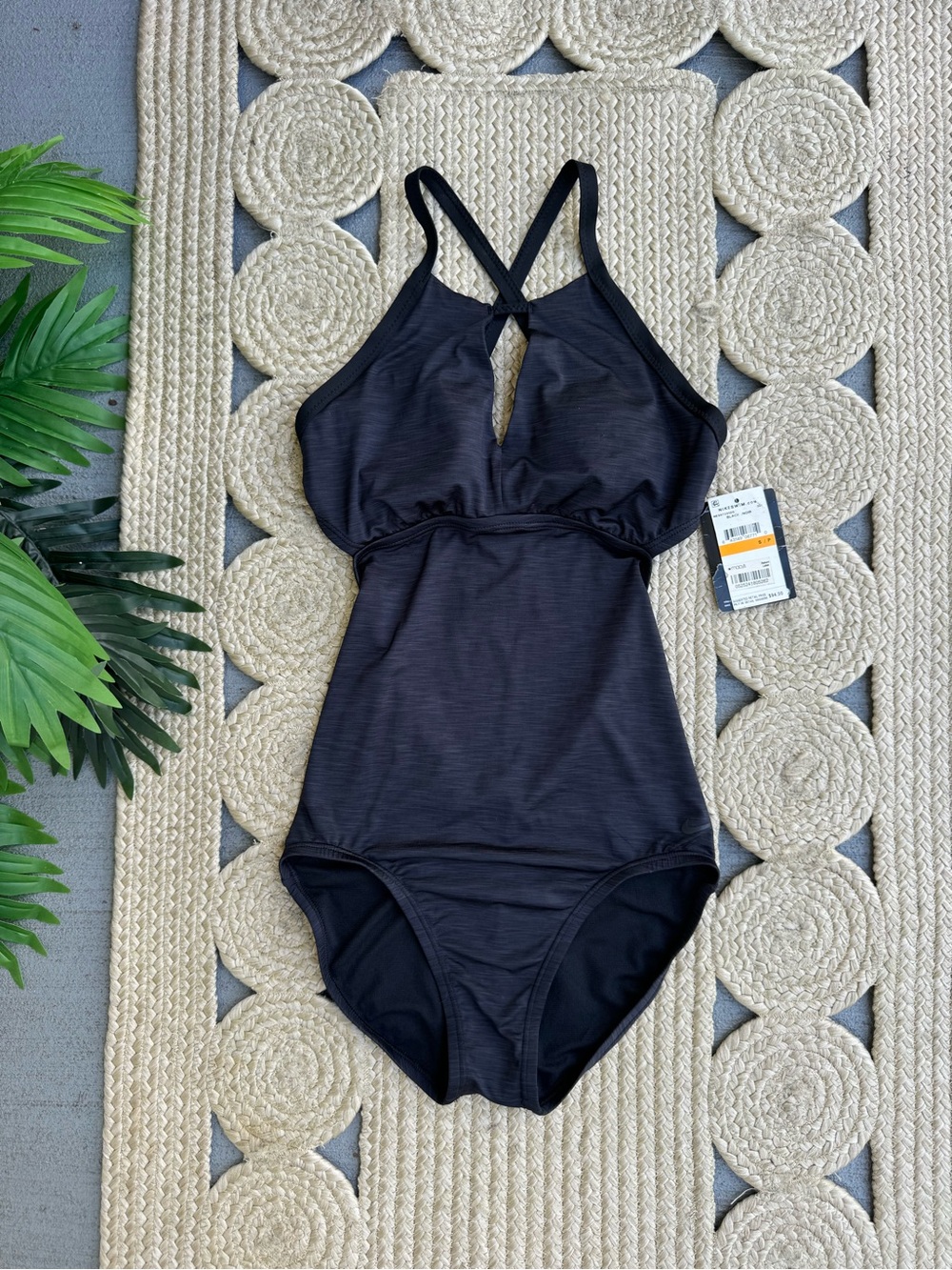 NWT Nike Swim Black Heathered High Neck One Piece Swimsuit Sz S
